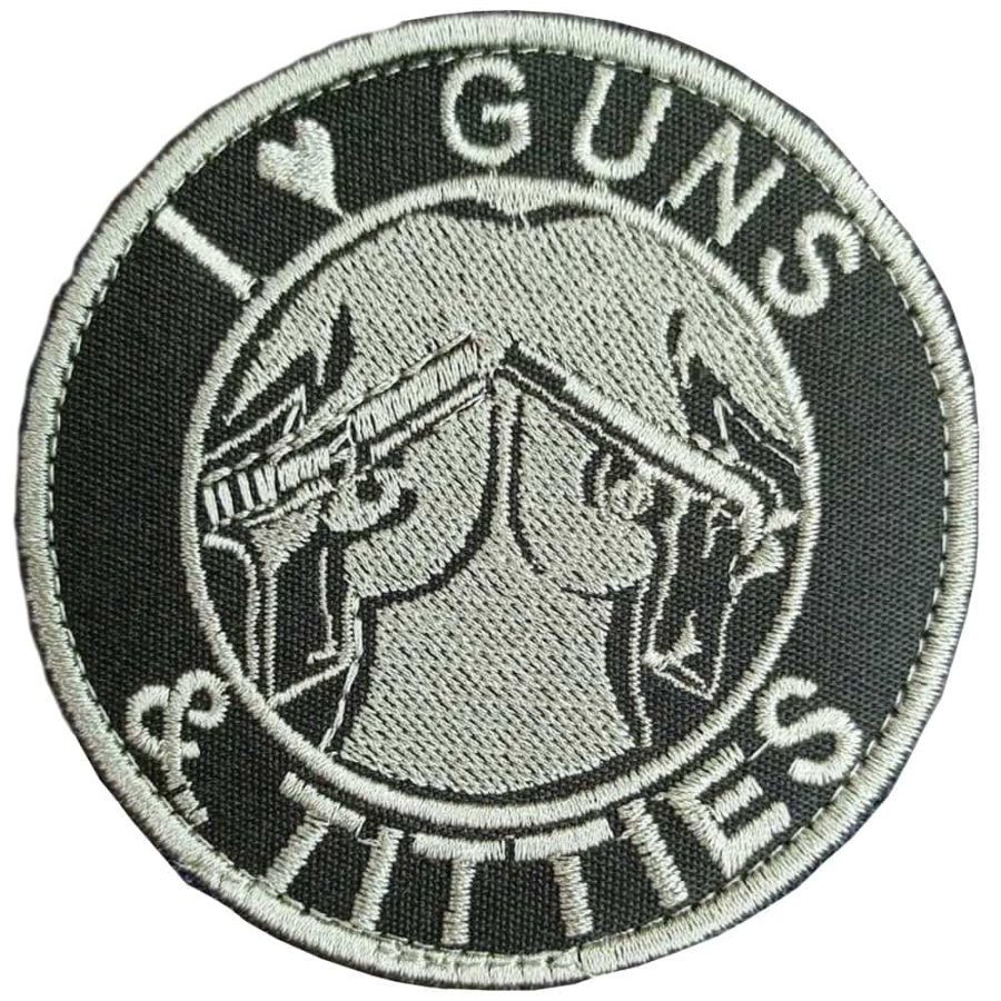 Патч шеврон с вышивкой для одежды на липучке I LOVE GUNS TITTIES олива